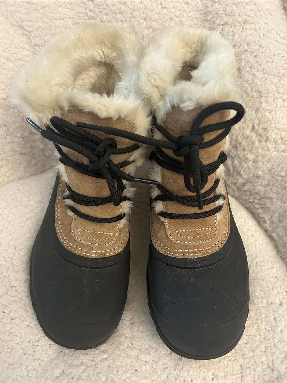 Sorel Cozy Faux Fur Winter Boots in Tan & Black